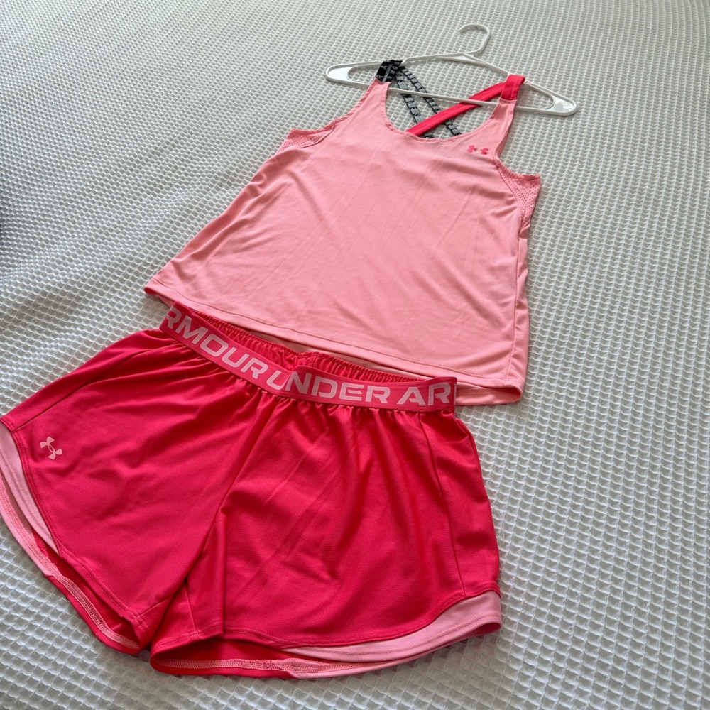 Under Armour light Pink & Hot Pink Active Tank and Shorts Set